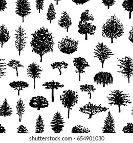 Hand drawn forest trees silhouettes vector seamless pattern. Nature environment background in black and white.