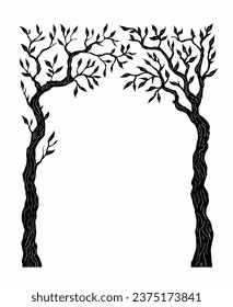 Hand drawn forest. Vector halloween black and white frame