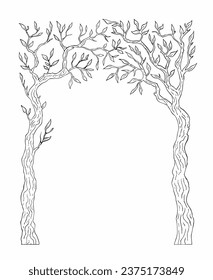Hand drawn forest. Vector halloween black and white frame