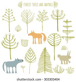 Hand drawn Forest vector set. Cute animals and trees in cartoon style. Wolf, Rabbit, Fox. Isolated.