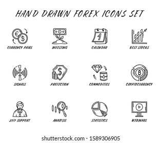 Hand drawn Forex icon set. Vector Icons for trading stocks. Financial Icons.
