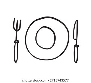 Hand drawn fork, knife and plate icons. Logotype tableware. Whimsical sketch table setting graphic objects. Isolated doodle vector illustrations. Kitchen utensils, dinning symbol. Restaurant, cutlery