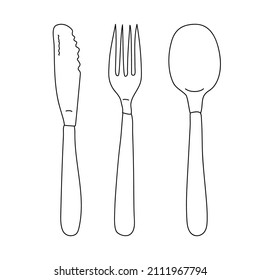 Hand drawn fork knife spoon. Doodle sketch style. Line drawing simple icon of cutlery. Isolated vector illustration.