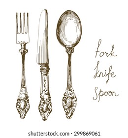 hand drawn fork, knife and spoon ornate 