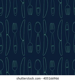 Hand Drawn Fork, Knife, Spoon. For Menu Illustration. Seamless Pattern