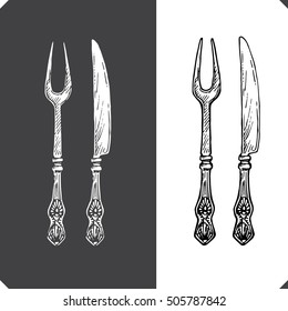 Hand drawn fork, knife and spoon ornate. Menu graphics
