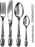 Hand drawn Fork Spoon Knife Dessert Spoon Cutlery Sketch Illustration