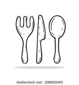 Plantilla de diseño de la horquilla, cuchara e icono de cuchillo dibujada a mano. ilustración del doodle de esbozo vectorial. Estilo de esquema.Perfecto para los conceptos de comida, iconos o diseño web, menú de restaurantes callejeros