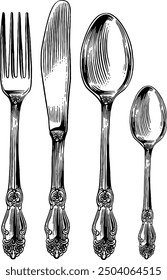 Hand drawn Fork Spoon Knife Dessert Spoon Cutlery Sketch Illustration