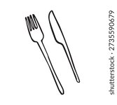 Hand drawn fork and table knife in minimal black ink line art style, elegant cutlery doodle illustration isolated on white background.