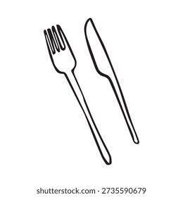 Hand drawn fork and table knife in minimal black ink line art style, elegant cutlery doodle illustration isolated on white background.