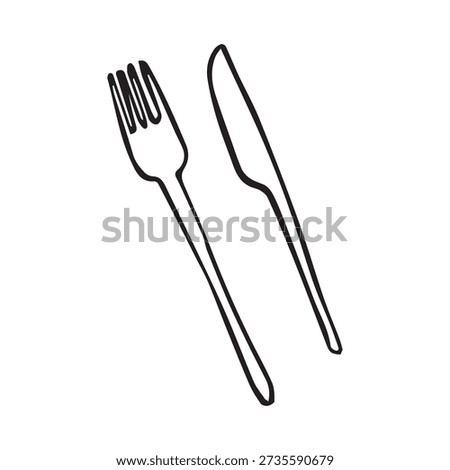 Hand drawn fork and table knife in minimal black ink line art style, elegant cutlery doodle illustration isolated on white background.