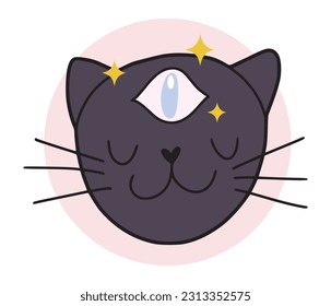 Hand drawn fortune telling cat with third eye, isolated vector illustration