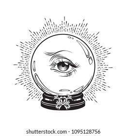 Hand drawn fortune telling magic crystal ball with eye of providence . Boho chic line art tattoo, poster or altar veil print design vector illustration