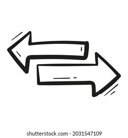 Hand drawn forward and backward arrow icon in doodle style isolated.
