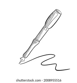 Hand drawn fountain pen with stroke. Black doodle on white background. Vector illustration.