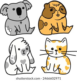 Hand drawn Four cute animals Koala, gopher, rabbit and cat