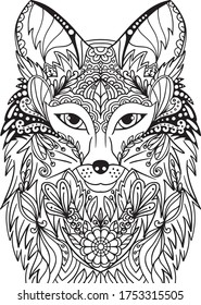 Hand drawn Fox doodle with flower decorative elements design. Coloring page for adults and kids. Vector Illustration.