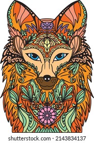 Doodle de Fox dibujado a mano con diseño de elementos decorativos de flores. Página de colorear para adultos y niños. Ilustración vectorial.