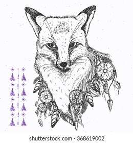 Hand drawn fox with dream cather and feathers