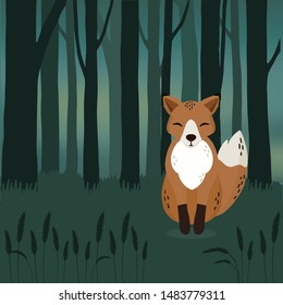 Hand drawn Fox in the forest.