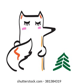 Hand drawn fox and green tree near, vector icons illustration
