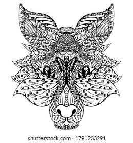 Hand drawn of fox head in zentangle style