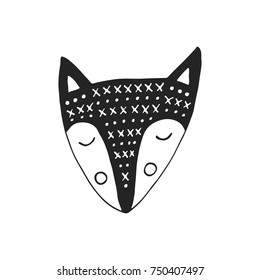 Hand drawn fox. Nursery poster in scandinavian style. Monochrome vector illustration.