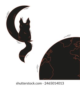 Hand Drawn Fox on the Moon in trend Simple Sketchy lines Cordel Linocut style. Minimalist Cosmic vector design can used t-shirt print, postcard cover. Editable stroke. EPS 10