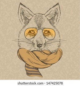 hand drawn fox portrait in glasses and scarf, autumn look