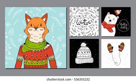 hand drawn fox portrait and winter background.