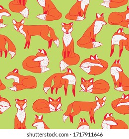 Hand drawn fox poses. Seamless pattern in orange and green color.