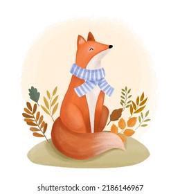 Hand drawn fox in scarf, happy fall.