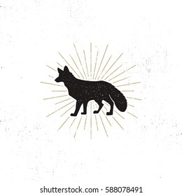Hand drawn Fox Silhouette illustration. Vintage Black fox with sunbursts isolated on white background. Good for tee shirt, clothing prints, mugs, travel pennant designs. Stock vector on rough.