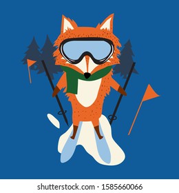 Hand drawn fox skiing with goggles