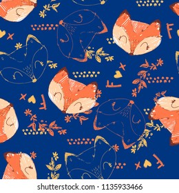 Hand Drawn Fox Vector pattern seamless trendy print, woodland.