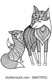 Hand drawn Fox with young child pattern for adult coloring page A4 size in doodle, zentangle style, ethnic ornamental patterned print, monochrome sketch. Floral printable vector illustration.
