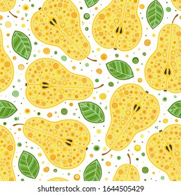 Hand drawn fpear seamless pattern for print, textile, fabric. Trendy kids fruits background. Lemon, orange and pears background.