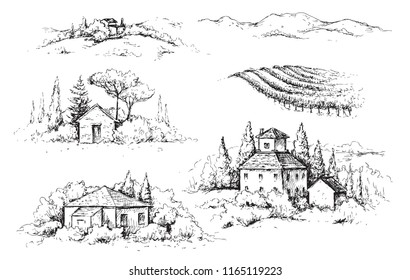 Hand drawn fragments of rural scene with houses, vineyards and trees. Monochrome rustic landscape illustration. Vector sketch.