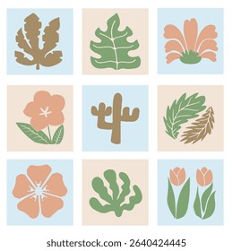 Hand drawn frame with abstract flowers, leaves and other plants in a cool style.