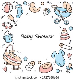 Hand drawn frame of baby shower things, toy, rattle, milk bootle, clothes. Doodle sketch style. Baby element drawn by digital pen. Illustration for banner, background, frame design template.