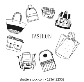 Hand drawn frame with Bags. Vector background. Actual fashion illustration. Original doodle style drawing. Creative ink art work