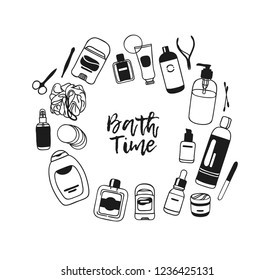 Hand drawn frame with Bath thing. Beauty products Vector background. Actual fashion illustration. Original doodle style drawing. Creative ink art work
