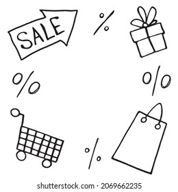 Hand drawn frame, border, design elements, clip arts in doodle style on theme of Black Friday, buys, discounts