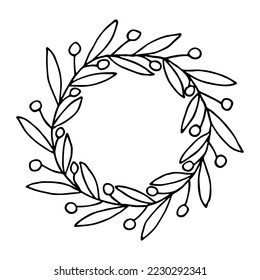 Hand drawn frame of branch with berries and leaves. Christma swreath doodle. Winter clipart.