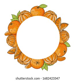 Hand drawn frame with bright whole, peeled, cut and sliced oranges. Round concept vector drawing with copy space for card, banner, label, package, advertising or holiday poster.