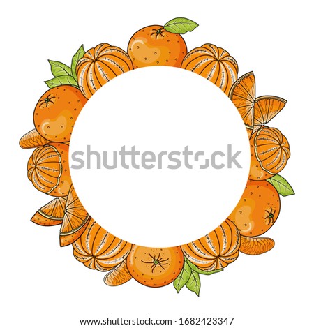 Hand drawn frame with bright whole, peeled, cut and sliced oranges. Round concept vector drawing with copy space for card, banner, label, package, advertising or holiday poster.