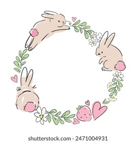 Hand Drawn Frame with bunny and flowers, vector design templates. Cute rabbit frame 