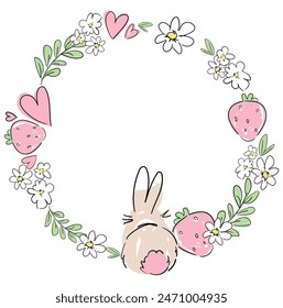 Hand Drawn Frame with bunny and flowers, vector design templates. Cute rabbit frame 