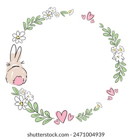 Hand Drawn Frame with bunny and flowers, vector design templates. Cute rabbit frame 